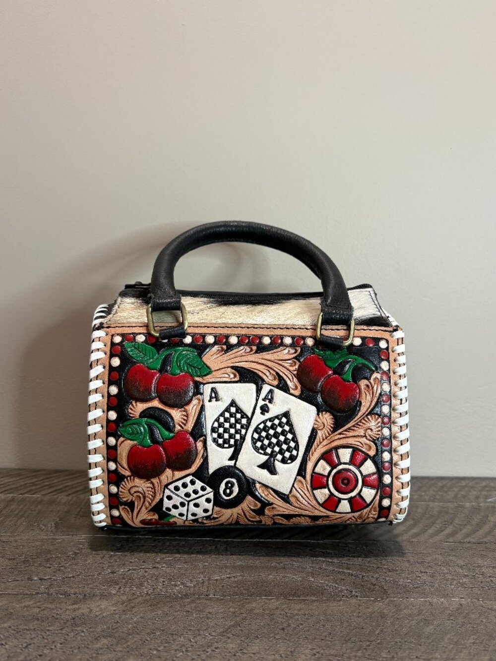 Hand Crafted Tooled Leather Cowhide Satchel Bag Western Rockabilly Gamble Small